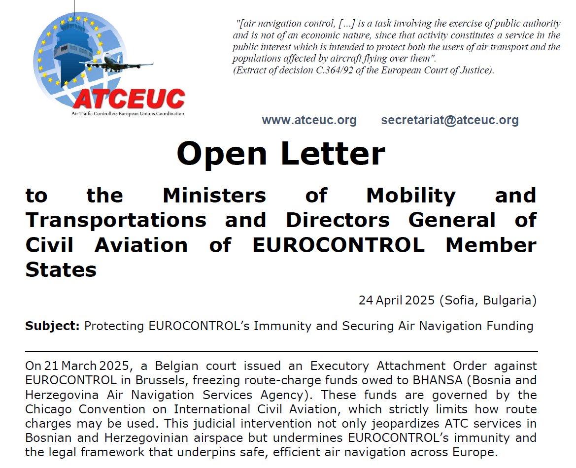 An open letter, backed by 34 ATCEUC unions, urges EUROCONTROL Member States to protect immunity &amp; secure air navigation funding after the BHANSA case. The full letter is now available on our website atceuc.org 📄✍️ 
#ATCEUC #EUROCONTROL #aviation
