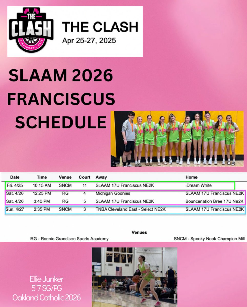 Schedule for The Clash! Come check us out!
<a href="/SlaamFran26/">SLAAM 26 Franciscus</a> 
<a href="/SLAAMBASKETBALL/">slaambasketball</a>
