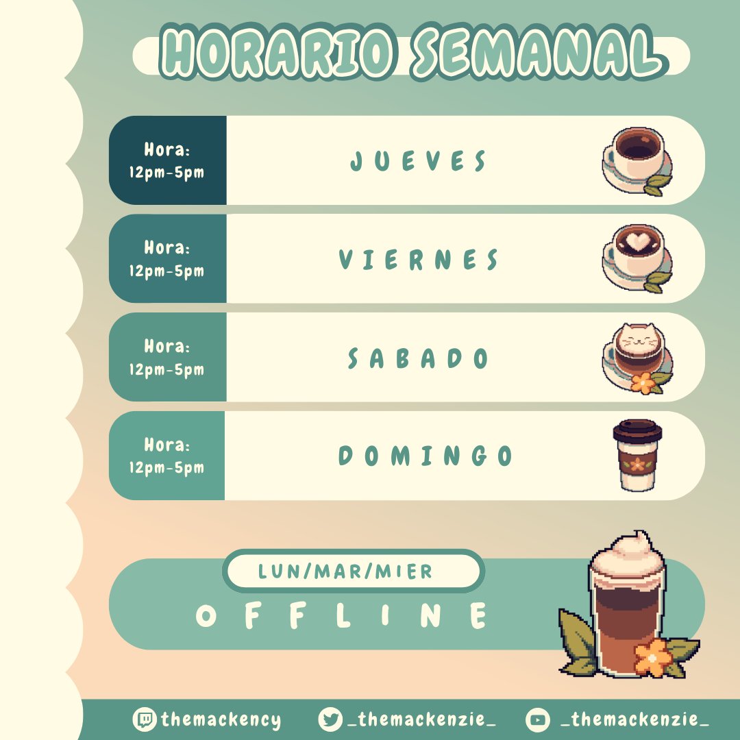 _themackenzie_'s tweet image. ✧🌿『 HORARIO SEMANAL 』🌿✧
Jueves, Viernes, Sábado y Domingo☕️
✧ Hora: 12:00🇦🇷🇺🇾︙11:00 🇧🇴🇨🇱🇻🇪🇩🇴🇺🇸︙10:00 🇪🇨🇵🇪🇨🇴︙09:00🇲🇽🇬🇹 🇸🇻︙17:00🇪🇸
🌻Twitch: twitch.tv/themackency