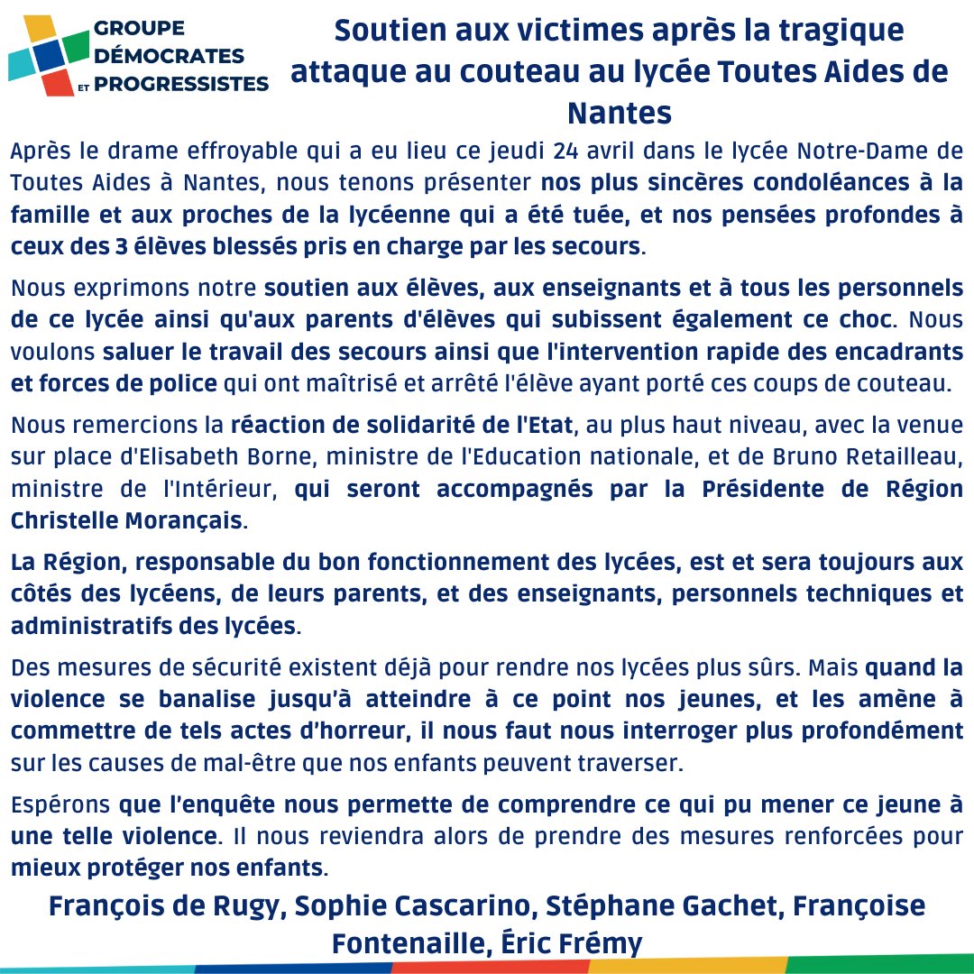 Nous partageons le choc que subissent élèves, familles, enseignants et personnels face à la dramatique attaque au couteau survenue au lycée Toutes-Aides de #Nantes. 
Sincères condoléances à la famille et aux proches de la lycéenne tuée.
ouest-france.fr/societe/faits-…