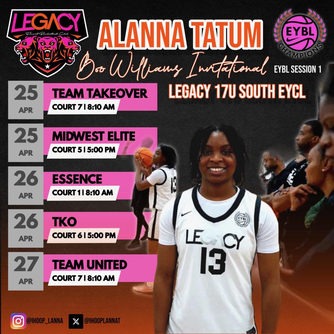 Alanna Tatum (@ihooplannat) on Twitter photo College Coaches come check us out!!
📍Boo Williams Sports Complex
<a href="/LegacyNike17u/">Legacy Nike EYCL 17u</a> <a href="/SherrandaR/">Sherranda Reddick, M.S</a> <a href="/pitts_academy/">COACH PITTS</a> <a href="/PHCA_Basketball/">The Potter’s House Lions Basketball</a> <a href="/RCH2025_CoachA/">Ashley “The Gazelle” Feagin</a> <a href="/NCSAwbb/">NCSA Women’s Basketball Recruiting</a> <a href="/NCSACoachAshley/">Coach Ashley</a> College Coaches come check us out!!
📍Boo Williams Sports Complex
<a href="/LegacyNike17u/">Legacy Nike EYCL 17u</a> <a href="/SherrandaR/">Sherranda Reddick, M.S</a> <a href="/pitts_academy/">COACH PITTS</a> <a href="/PHCA_Basketball/">The Potter’s House Lions Basketball</a> <a href="/RCH2025_CoachA/">Ashley “The Gazelle” Feagin</a> <a href="/NCSAwbb/">NCSA Women’s Basketball Recruiting</a> <a href="/NCSACoachAshley/">Coach Ashley</a>