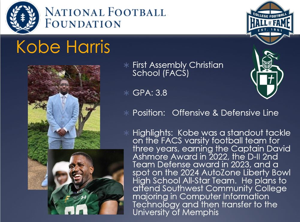 On behalf of the Memphis Chapter of The National Football Foundation, we would like to congratulate Kobe Harris of First Assembly Christian School (FACS) for being honored as one of our Scholar Athletes for the 2024-25 football season <a href="/NFFNetwork/">National Football Foundation</a> <a href="/FACSCrusaderFB/">FACS Football Program</a>