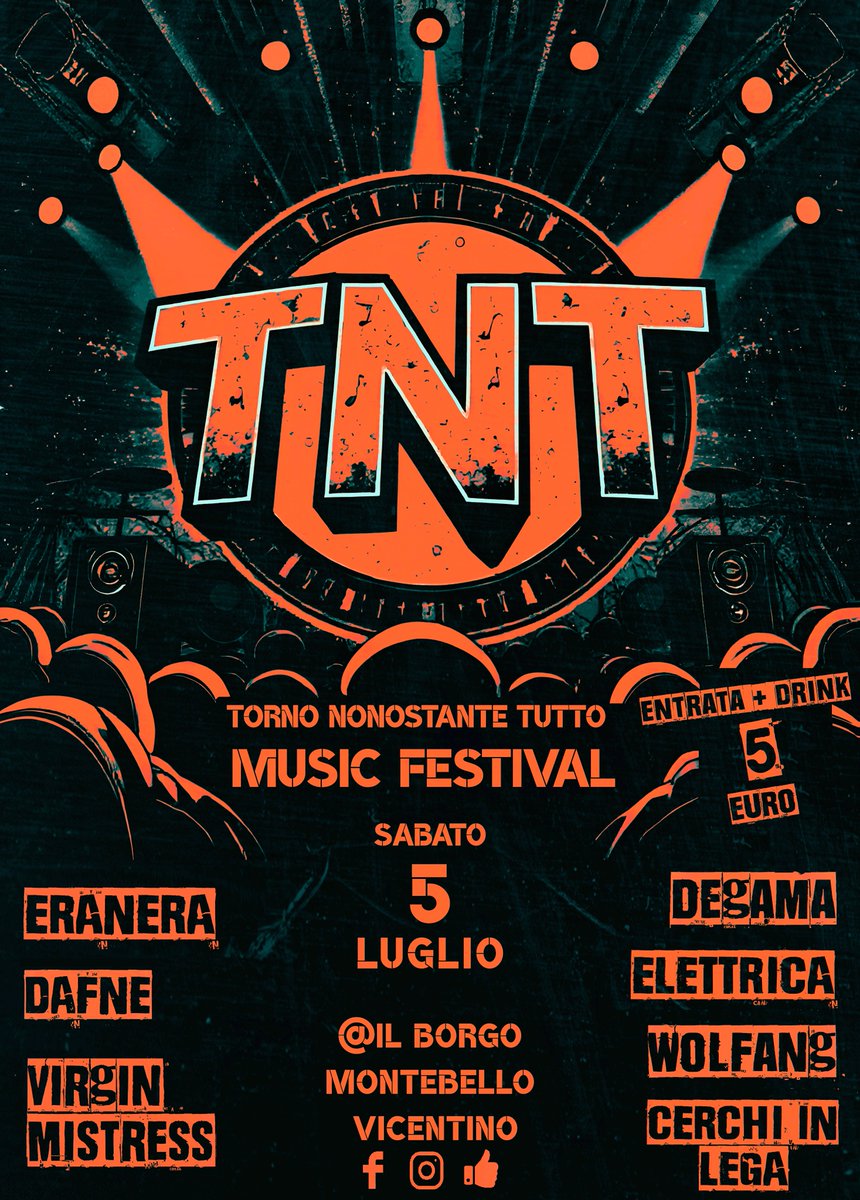 💥CHE BOMBAAAAAA!!!💥
Sabato 5 luglio TNT fest ! Con noi sul palco
<a href="/EraNera_/">EraNera</a>  𝗚𝗟𝗜 𝗘𝗟𝗘𝗧𝗧𝗥𝗜𝗖𝗔 ,
𝗪𝗢𝗟𝗙𝗔𝗡𝗚 ,𝗩𝗜𝗥𝗚𝗜𝗡 𝗠𝗜𝗦𝗧𝗥𝗘𝗦𝗦 ,𝗗𝗘𝗚𝗔𝗠𝗔 ,𝗗𝗔𝗙𝗡𝗘