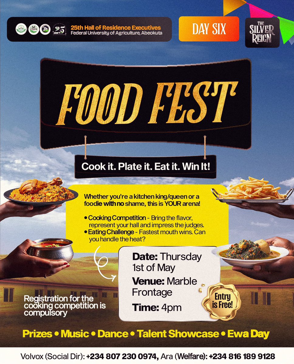 funaabsuhor's tweet image. Big plates. Big vibes. Big flex. 🍲🔥
 Whether you chef it up or chow it down, this is YOUR arena.
 🎤 Talent🎶 Music🥘 Food
 Date: Thursday, May 1st
 Time: 4PM
 Venue: Marble Frontage
 Entry’s free, bragging rights sold.
 #FoodFestHORFUNAAB 
 #CookEatWin
 #SilverReignEats