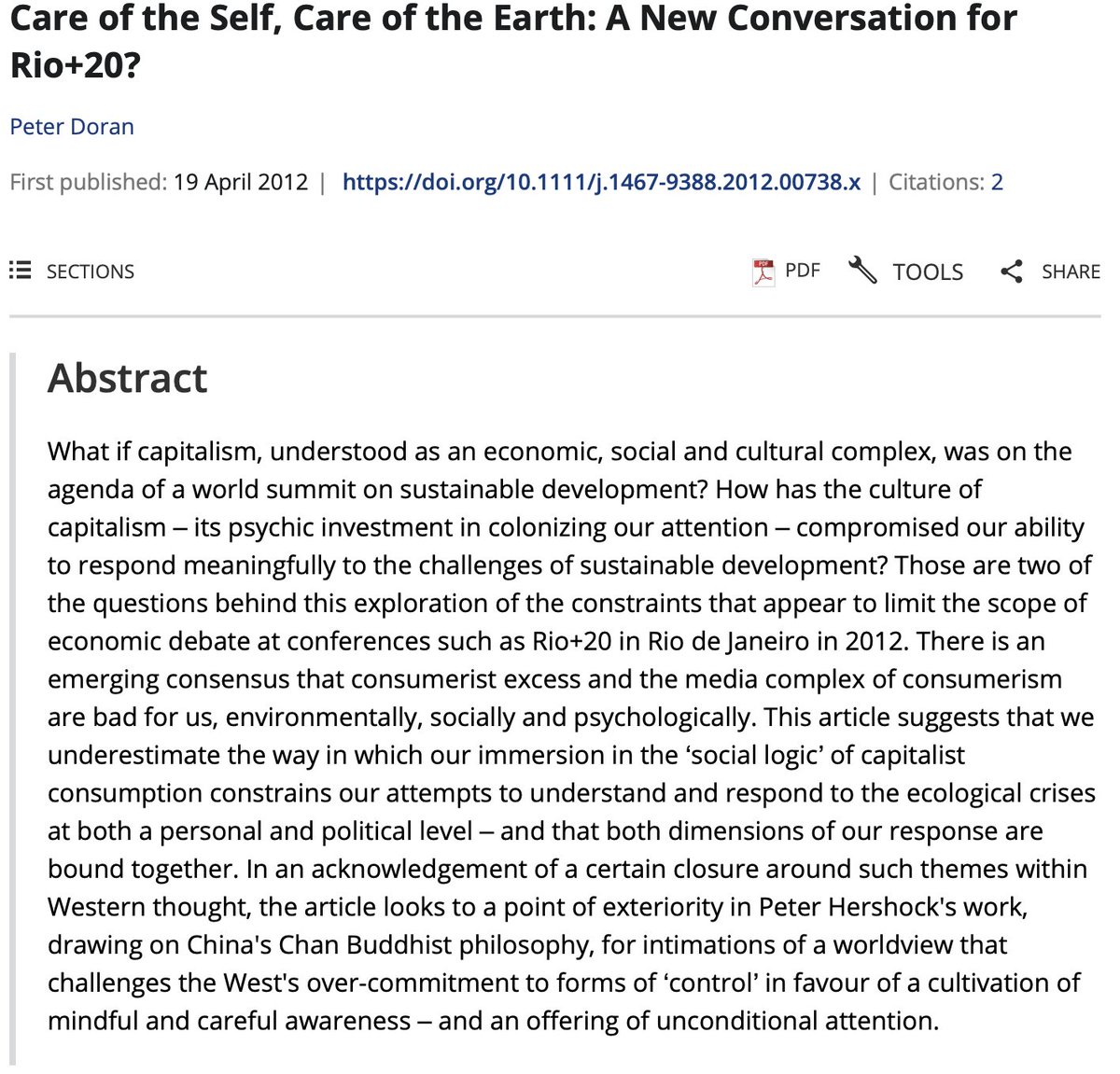 RECIELjournal's tweet image. 🌍 “Care of the Self, Care of the Earth.”

Peter Doran’s 2012 piece still stings with relevance. As we passed #EarthDay this week, read this prophetic critique of capitalism’s hold on our attention, imagination, and ecological response.

📖 doi.org/10.1111/j.1467…