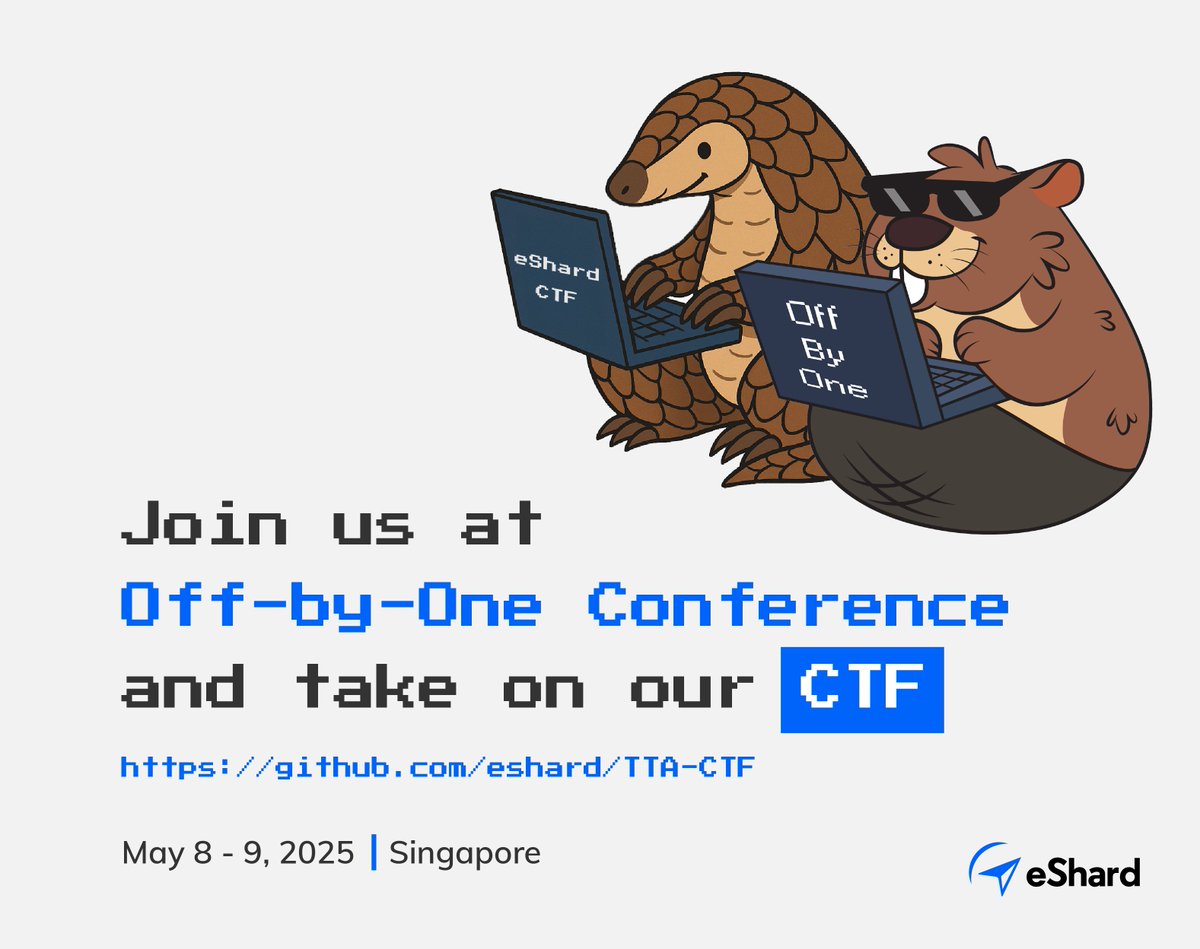 eShard (@eshard) on Twitter photo Our AngryPangolin CTF found a friend. Find us at <a href="/offbyoneconf/">Off-By-One Conference</a> from March 8–9 in Singapore and take on the challenge at our booth!
More info: github.com/eshard/TTA-CTF Our AngryPangolin CTF found a friend. Find us at <a href="/offbyoneconf/">Off-By-One Conference</a> from March 8–9 in Singapore and take on the challenge at our booth!
More info: github.com/eshard/TTA-CTF