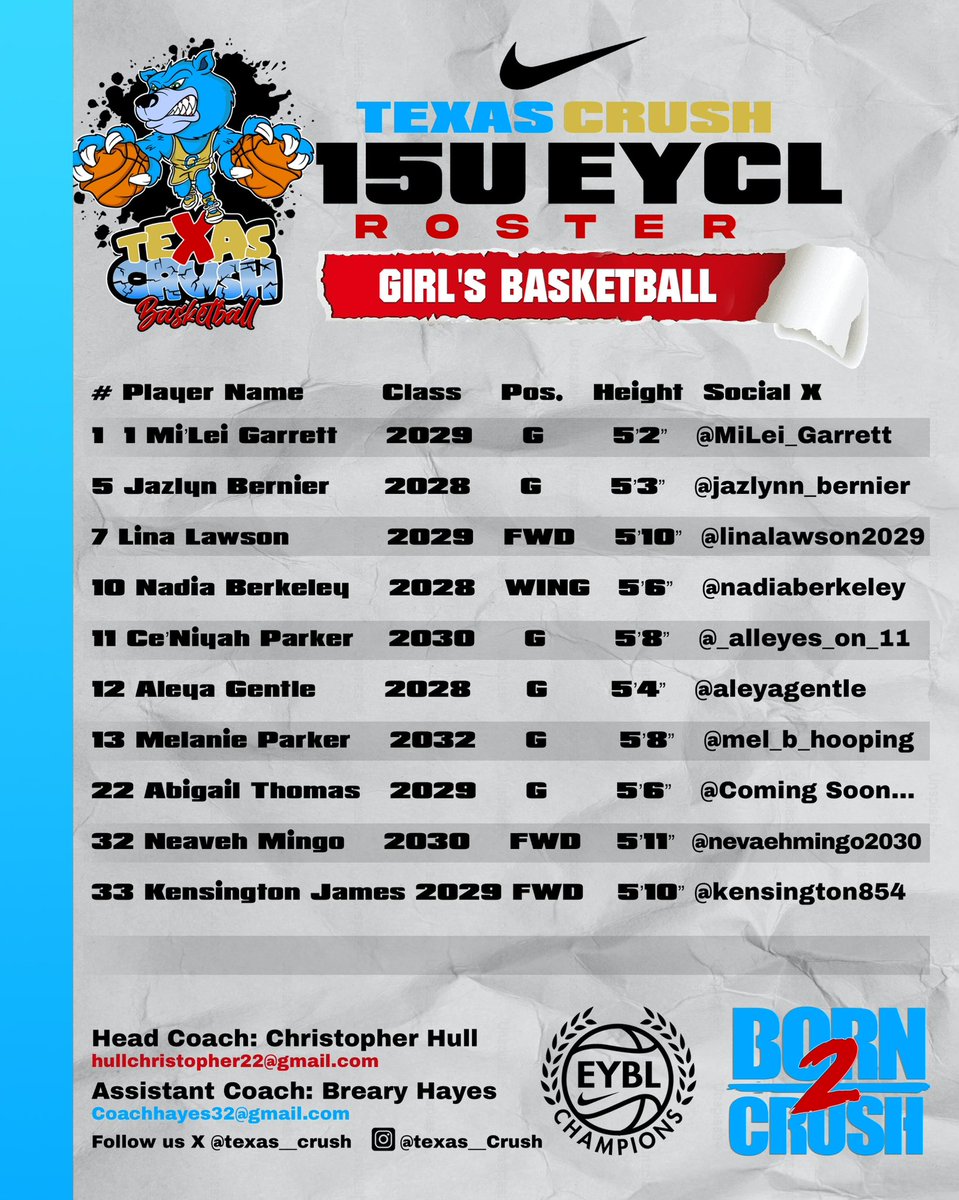 Texas Crush 15U NIKE EYBL Champions League.
NIKE EYCL . Session 1
15U Schedule &amp; Roster  
<a href="/NIKEeycl/">Nike EYCL</a> 

📍 Phoenix Convention Center- Phoenix, Arizona

📆  April  25th - 27th | | #Born2Crush