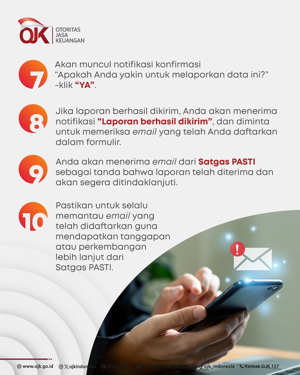 ojkindonesia's tweet photo. Yuk simak tata cara lapornya di postingan ini ππ»
#OJKIndonesia #Keuangan #SatgasPASTI #SIPASTI #Proaktif #Kolaboratif https://t.co/G1fOTt5vA4