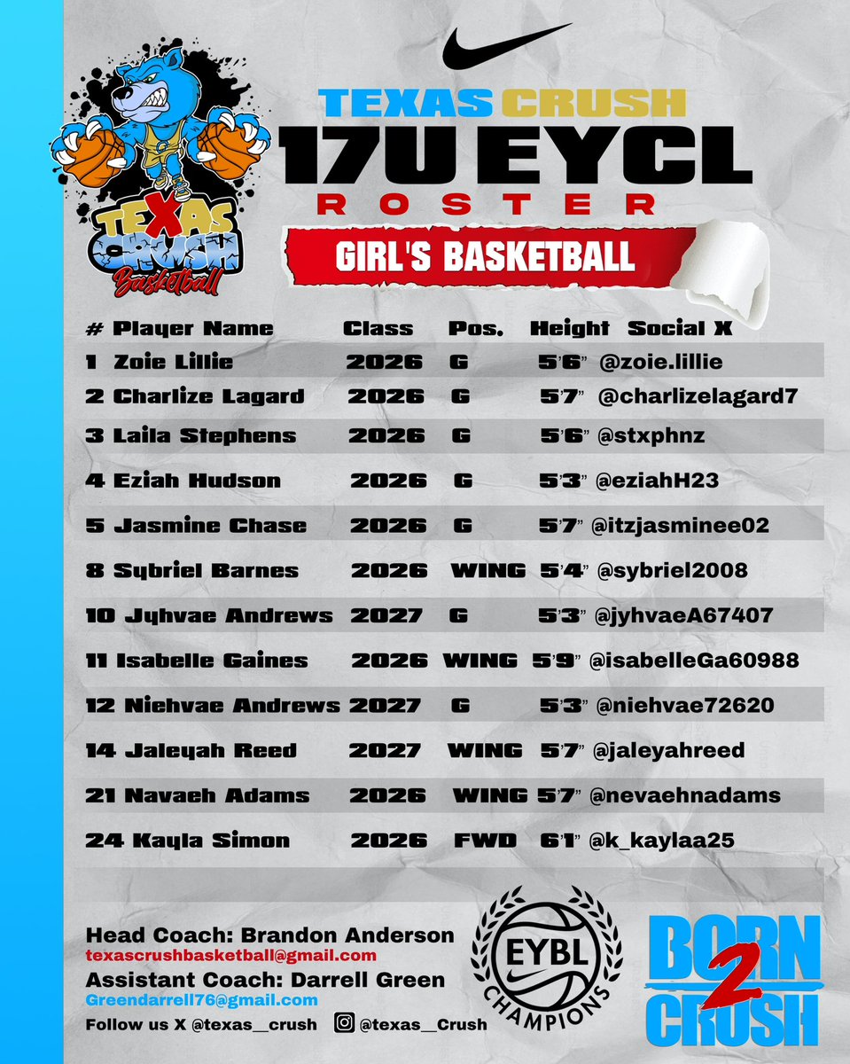 Texas Crush 17U NIKE EYBL Champions League.
NIKE EYCL . Session 1
17U Schedule &amp; Roster  
<a href="/NIKEeycl/">Nike EYCL</a> 

📍 Phoenix Convention Center- Phoenix, Arizona

📆  April  25th - 27th | | #Born2Crush