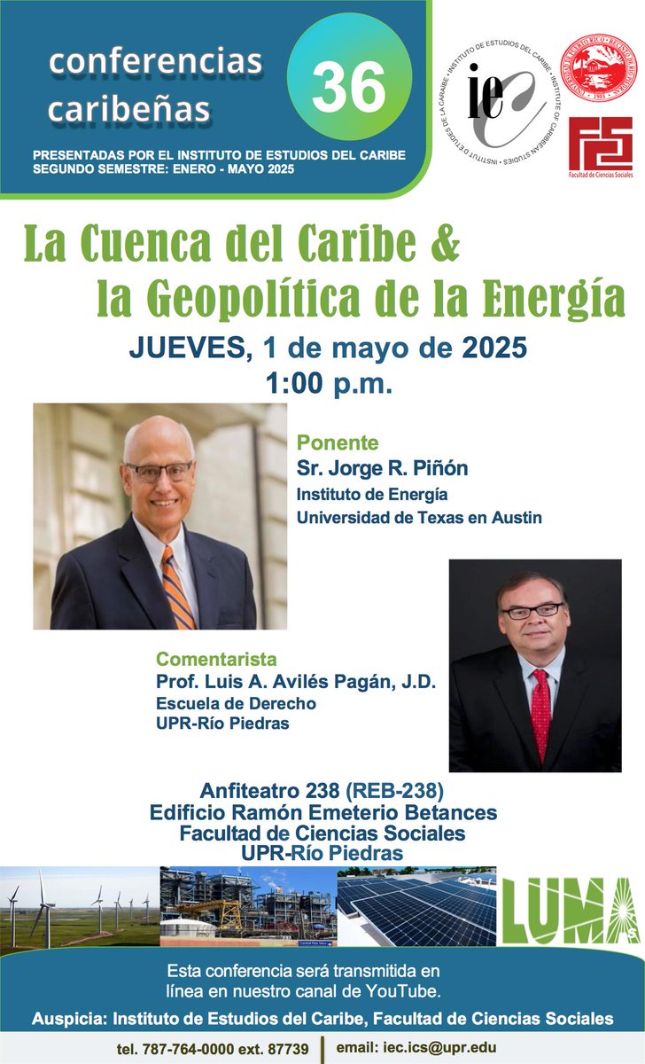 Forthcoming Caribbean Conference at the <a href="/IECICSUPR/">Instituto de Estudios del Caribe UPRRP</a> of <a href="/uprrp/">UPR Río Piedras</a> with Jorge Piñon (<a href="/UTAustin/">UT Austin</a>) &amp; Luis Avilés (<a href="/Derecho_UPR/">Escuela de Derecho</a>) of relevance to Puerto Rico &amp; the region. Of interest to: <a href="/CARICOMorg/">CARICOM: Caribbean Community</a> <a href="/SG_CARICOM/">CARICOM Secretary General</a> <a href="/CARICOMClimate/">Caribbean Community Climate Change Centre</a> <a href="/UWI_StAugustine/">UWI St. Augustine</a> <a href="/UWImona/">The UWI Mona Campus</a> <a href="/UniversidadUASD/">Universidad UASD</a> <a href="/ElCaribeRD/">El Caribe</a>