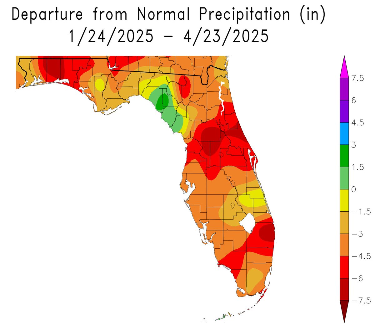 Florida had another dry week. Conditions in almost all of  the state range from Abnormally Dry (D0) to Extreme Drought (D3).

Some areas have precip deficits over 6” in the last 90 days. Little to no precip is expected for at least another week.

drought.gov/states/florida <a href="/NOAA/">NOAA</a>