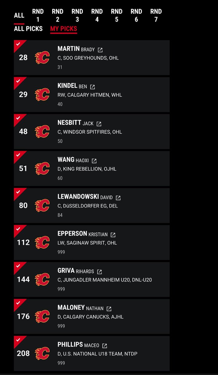 Did my first 7 round Mock Draft for the <a href="/NHLFlames/">Calgary Flames</a> !  If we could get half of these guys I would be amazed!  #NHLDraft #2025nhldraft