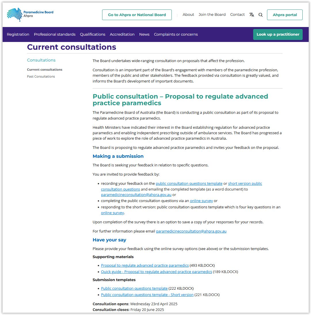 ParamedProf is at paramedprof.bsky.social (@paramedprof) on Twitter photo This consultation represents the most significant evolution of #paramedic practice since national #registration. <a href="/NYCEMSwatch/">NYC EMS Watch</a> <a href="/hp_ems/">High Performance EMS</a> <a href="/AckerJoe/">Joe Acker</a>
The consultation is open until 20 June 2025.
Participate now: tinyurl.com/bdxh9zc7
#Paramedicine #Healthcare #ScopeOfPractice This consultation represents the most significant evolution of #paramedic practice since national #registration. <a href="/NYCEMSwatch/">NYC EMS Watch</a> <a href="/hp_ems/">High Performance EMS</a> <a href="/AckerJoe/">Joe Acker</a>
The consultation is open until 20 June 2025.
Participate now: tinyurl.com/bdxh9zc7
#Paramedicine #Healthcare #ScopeOfPractice
