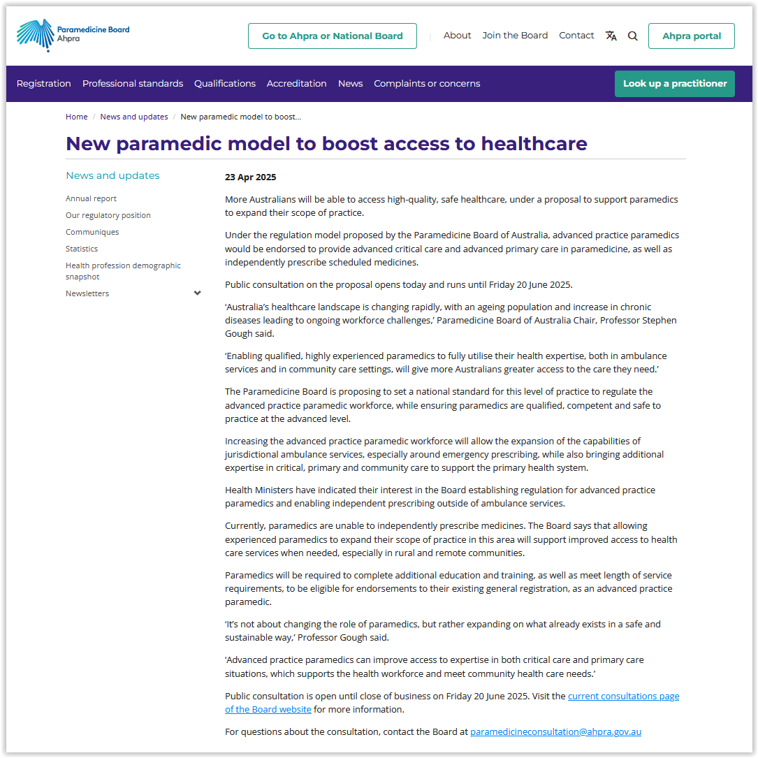 ParamedProf is at paramedprof.bsky.social (@paramedprof) on Twitter photo Proposed Regulatory Changes for Paramedicine: The Paramedicine Board of Australia is consulting on endorsing advanced practice #paramedics to:
• Independently #prescribe scheduled medicines
• Provide advanced #critical/#primary care
facebook.com/ParamedProf/po… #health <a href="/Aidan_Baron/">Dr Aidan Baron</a> Proposed Regulatory Changes for Paramedicine: The Paramedicine Board of Australia is consulting on endorsing advanced practice #paramedics to:
• Independently #prescribe scheduled medicines
• Provide advanced #critical/#primary care
facebook.com/ParamedProf/po… #health <a href="/Aidan_Baron/">Dr Aidan Baron</a>