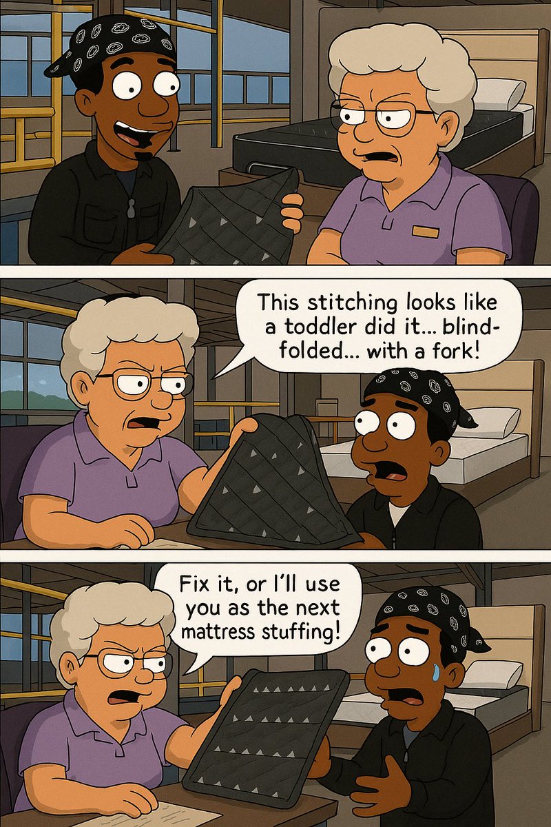 Welcome to the wild world of mattress making.

Episode 1: The Stitch Slapdown.

Any resemblance to real people behind the scenes is purely… coincidental. Probably…

Stay tuned as we unveil more behind-the-scenes chaos—one quilt at a time.

#BBDcomics