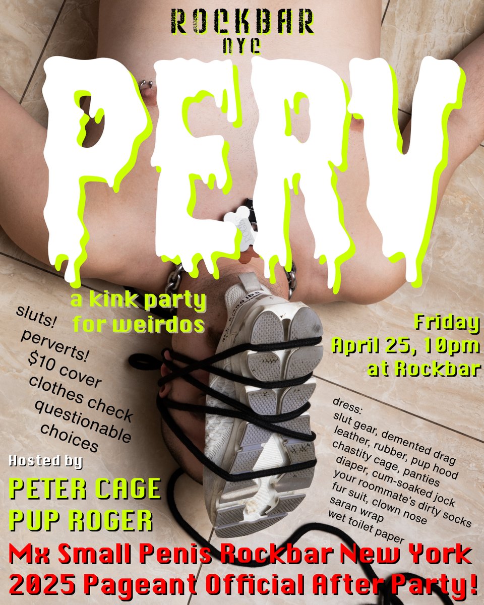 Peter Cage (20k) (@petercagenyc) on Twitter photo 🚨NEW YORK🚨
These are gonna be so fucking fun:
FRIDAY, APRIL 25
8pm
Mx SMALL PENIS ROCKBAR NEW YORK 2025 PAGEANT
10pm
PERV: KINK PARTY
At <a href="/Rockbarny/">Rockbar NYC</a>
Hosted by
<a href="/ComaWhiteNYC/">Coma White</a>
<a href="/pup_roger/">Roger</a>
<a href="/petercagenyc/">Peter Cage (20k)</a> 🚨NEW YORK🚨
These are gonna be so fucking fun:
FRIDAY, APRIL 25
8pm
Mx SMALL PENIS ROCKBAR NEW YORK 2025 PAGEANT
10pm
PERV: KINK PARTY
At <a href="/Rockbarny/">Rockbar NYC</a>
Hosted by
<a href="/ComaWhiteNYC/">Coma White</a>
<a href="/pup_roger/">Roger</a>
<a href="/petercagenyc/">Peter Cage (20k)</a>