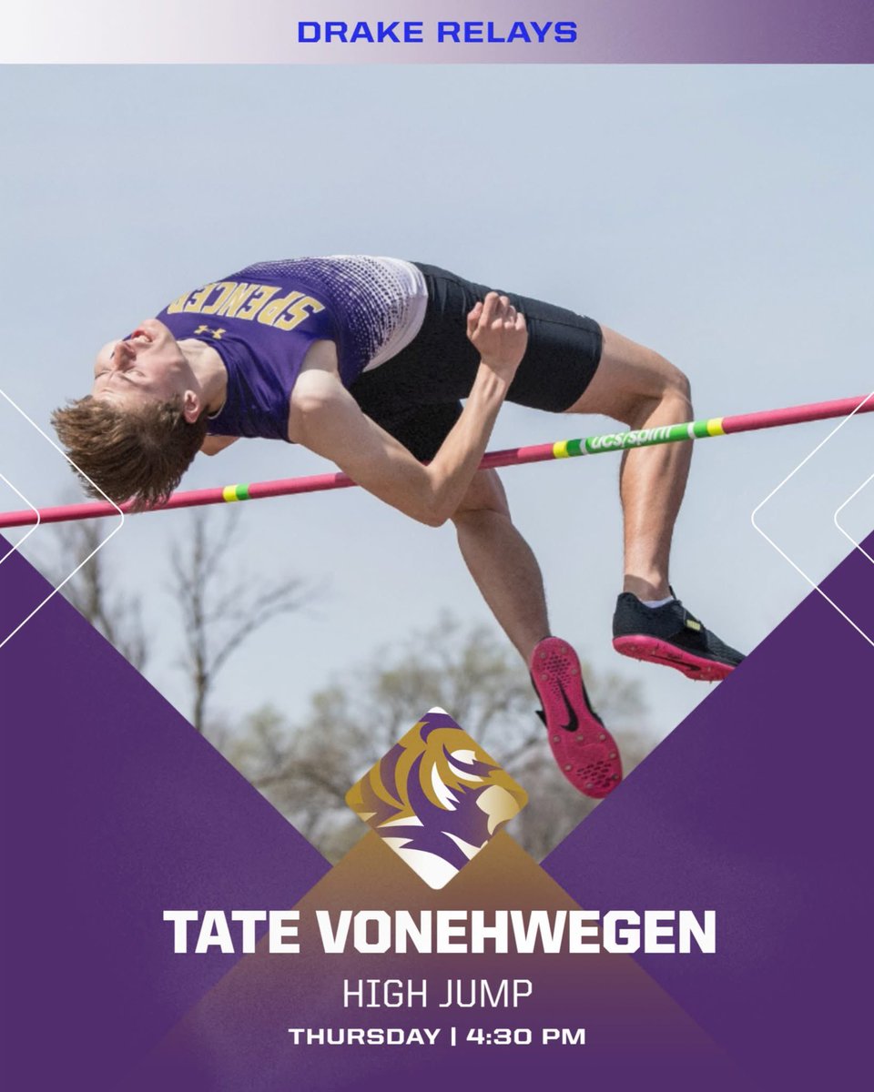 Spencer Tiger Boys Track & Field (@spencer_track) on Twitter photo Tate VonEhwegen will be competing in the high jump today at the Drake Relays!  Congrats and good luck!
#spencertigertrack #speedculture
#TigerPride Tate VonEhwegen will be competing in the high jump today at the Drake Relays!  Congrats and good luck!
#spencertigertrack #speedculture
#TigerPride