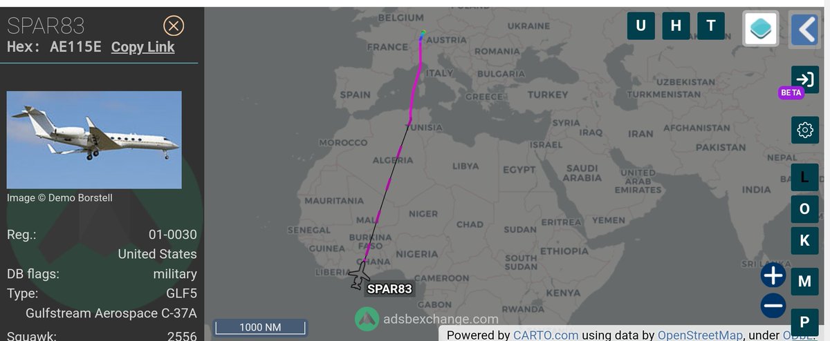 ThomasPaine6F0's tweet image. globe.adsbexchange.com/?icao=AE115E 

USAF 01-0030 (GLF5) Gulfstream C-37A call sign SPAR83  Hex #AE115E

🇺🇸🇺🇸🇺🇸🇺🇸🇺🇸