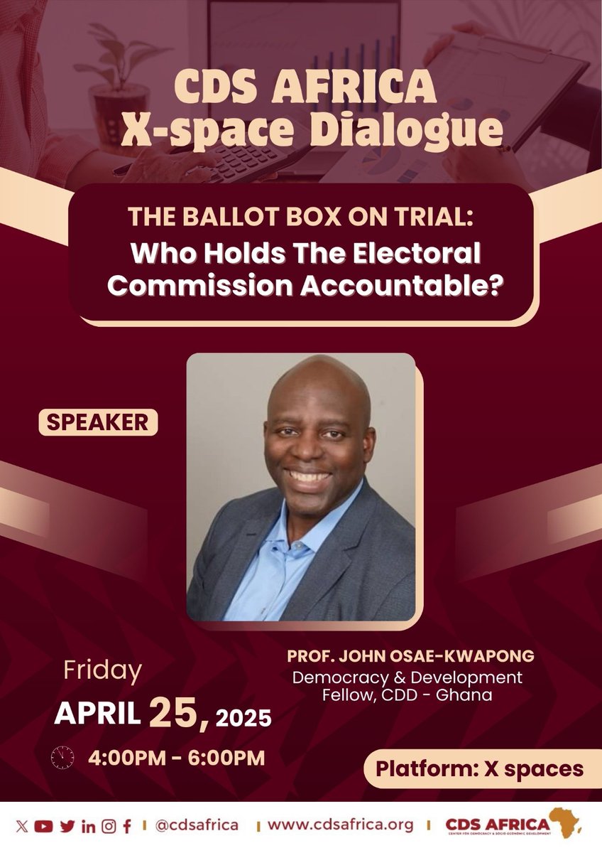 cdsafrica's tweet photo. It’s happening this Friday!
Join Prof. John Osae-Kwapong, Dr. Eugenia Anderson, and Worship Joshua Frimpong as we dive into the heated conversation around the petition to remove the EC Chairperson.
🗓️ Set your reminders.
🎙️ Join the conversation.
#CDSAfrica #XSpaceDialogue https://t.co/oPdc7FdRPL