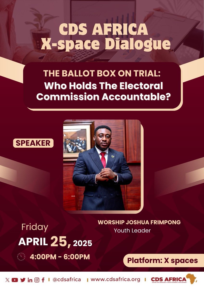 cdsafrica's tweet photo. It’s happening this Friday!
Join Prof. John Osae-Kwapong, Dr. Eugenia Anderson, and Worship Joshua Frimpong as we dive into the heated conversation around the petition to remove the EC Chairperson.
🗓️ Set your reminders.
🎙️ Join the conversation.
#CDSAfrica #XSpaceDialogue https://t.co/oPdc7FdRPL