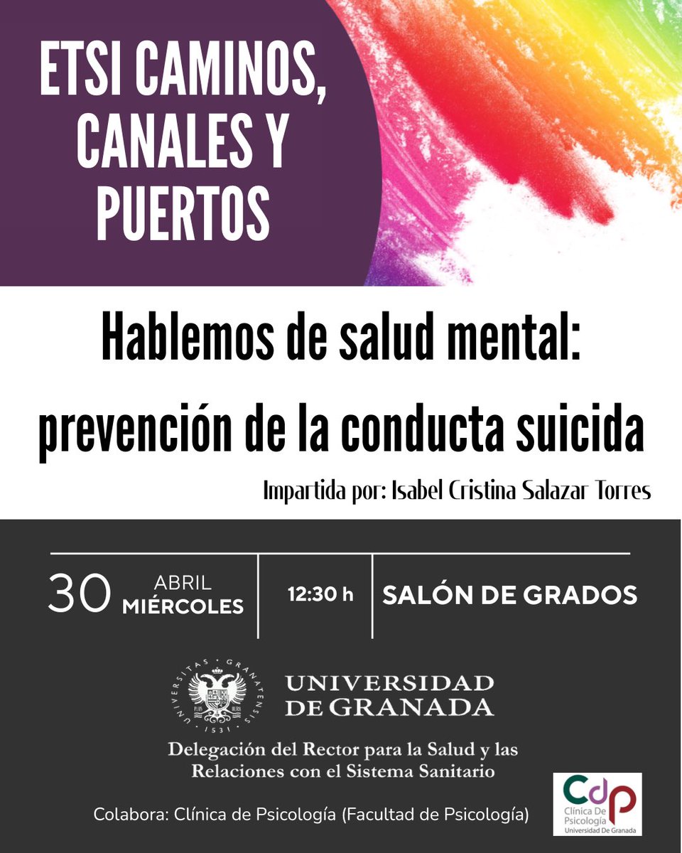 ETS Caminos UGR (@etscaminosugr) on Twitter photo #Taller Hablemos de salud mental: prevención de la conducta suicida
📅 Miércoles 30/04/2025
🕢 12:30
📍 Salón de Grados (planta 0 de la <a href="/ETSCaminosUGR/">ETS Caminos UGR</a> ) #Taller Hablemos de salud mental: prevención de la conducta suicida
📅 Miércoles 30/04/2025
🕢 12:30
📍 Salón de Grados (planta 0 de la <a href="/ETSCaminosUGR/">ETS Caminos UGR</a> )