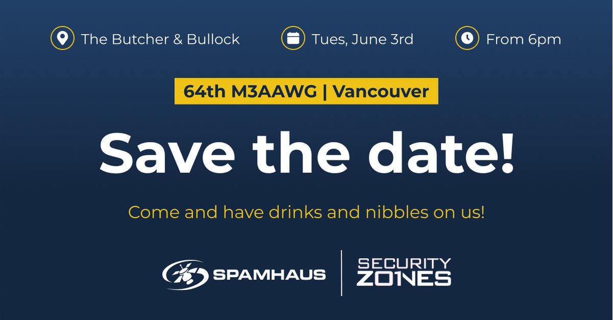 SpamhausTech's tweet photo. The countdown is onโฆ less than 6 weeks until ๐จ๐ฆ #M3AAWG64 โ and that means 6 weeks until drinks, nibbles and good vibes with us and our partner @seczones! ๐
๐๏ธ Tues, June 3rd at 6pm.
๐ The Butcher and Bullock
We canโt wait to see you there! ๐คฉ ๐ป
#M3AAWG64 #CommunityCatchup #SeeYouInVancouver