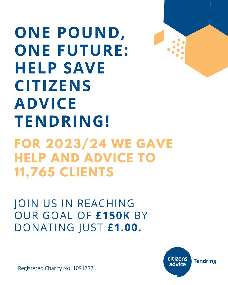 ⏳ Our core funding potentially runs out in just a few months.
Thousands in Tendring could be left without vital advice.
Please help us stay open. Every donation helps.

💻 Online – PayPal: paypal.com/fundraiser/cha…

#ActNow #SaveCitizensAdvice #OnePoundChallenge