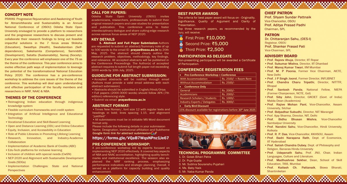 OsouOdisha's tweet image. PRAYAS: Progressive Rejuvenation and Awakening ofYouth for Atmanirbharata and Sustainability. National Conference by Odisha State Open University (OSOU)Sambalpur in collaboration with Sambalpur Public Library (SPL) Sambalpur. Dt: 6th &amp;amp; 7th September, 2025. #PRAYAS #OSOU #SPL