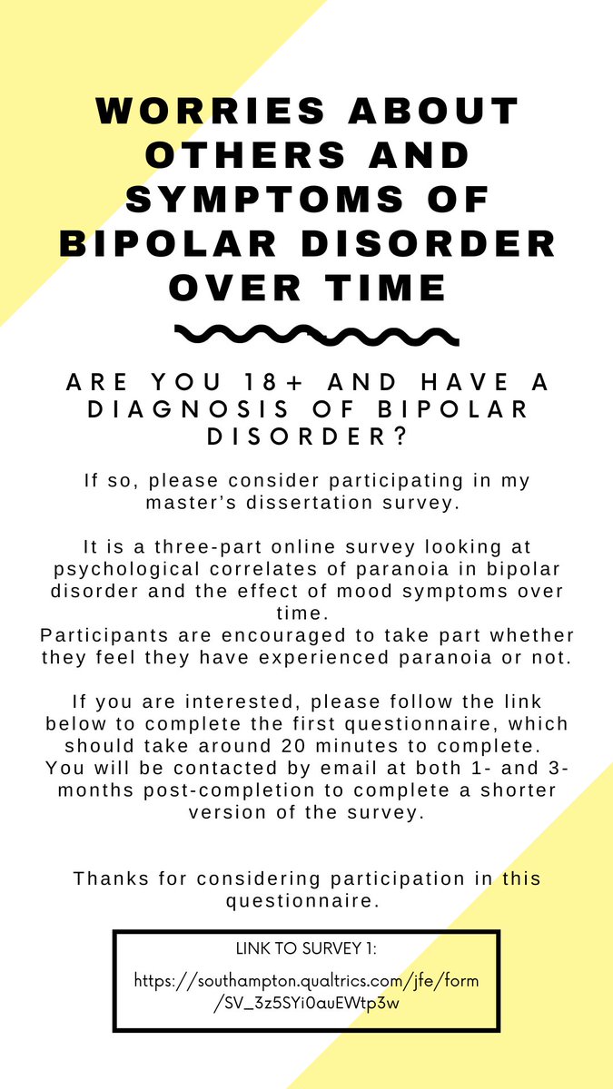 Do you have #Bipolar? Please consider taking part in our research about worries about others, short online survey.

Thank you very much!

#BipolarDisorder #Mania #BipolarClub #BipolarFamily

southampton.qualtrics.com/jfe/form/SV_3z…