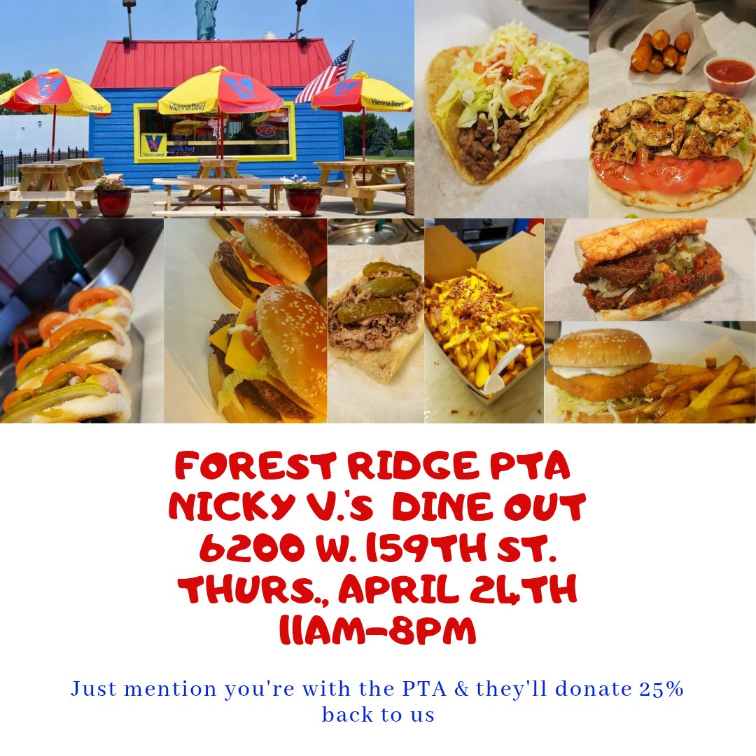 Come take a night off of cooking &amp; come out to our Nicky V's Dine Out anytime between 11am-8pm. Just mention you're with the PTA when ordering &amp; they'll donate 25% back to us.
