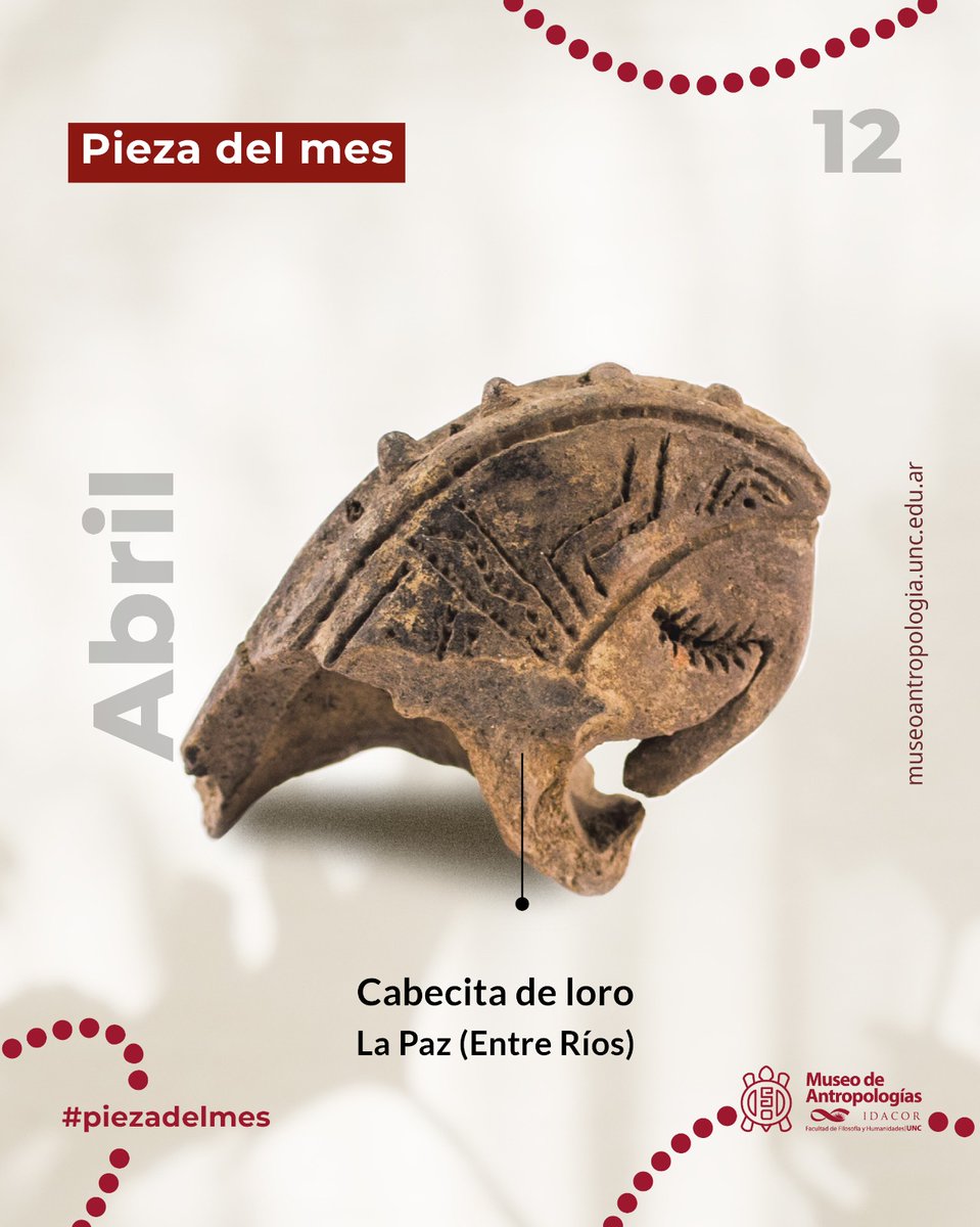 Pieza del Mes de abril:  Cabecita de loro
Se trata de una pieza de cerámica que originalmente fue apéndice de una pieza mayor. Se cree que representa un mundo simbólico en el que los animales eran los referentes principales.