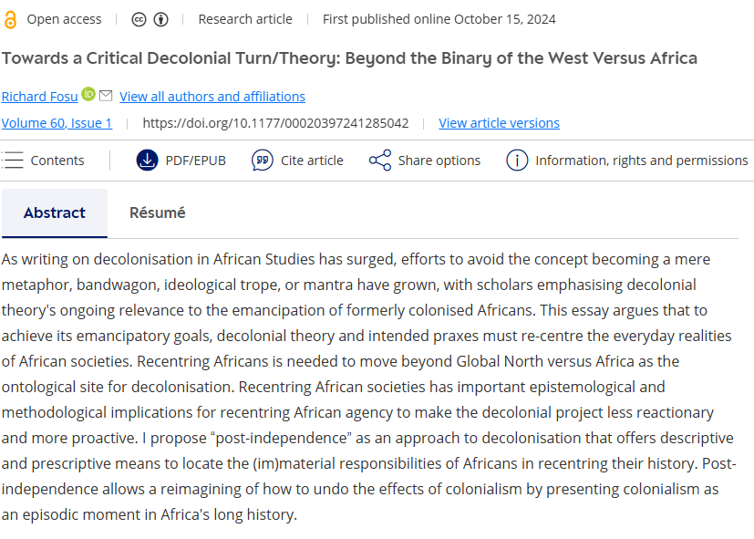 Africa Spectrum (@africaspectrum) on Twitter photo 2⃣<a href="/KMfosu/">Richard Fosu, PhD</a> proposes post-independence as a new descriptive and prescriptive approach to decolonisation, calling for recentring the lived realities of African societies to make decolonial efforts less reactionary and more impactful.
🔗 doi.org/10.1177/000203… 2⃣<a href="/KMfosu/">Richard Fosu, PhD</a> proposes post-independence as a new descriptive and prescriptive approach to decolonisation, calling for recentring the lived realities of African societies to make decolonial efforts less reactionary and more impactful.
🔗 doi.org/10.1177/000203…