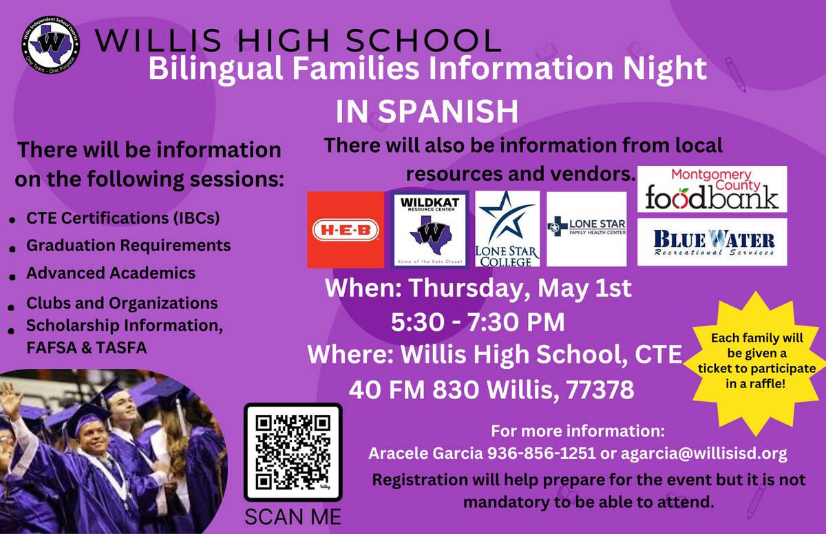 📣 Join us for Bilingual Parent Info Night at Willis HS!
📅 May 1 | 🕠 5:30-7:30 PM
🎓 Infórmate sobre la graduación, las becas, los clubes y mucho más.
¡Noche Informativa en Español!
📍40 FM 830, Willis, TX