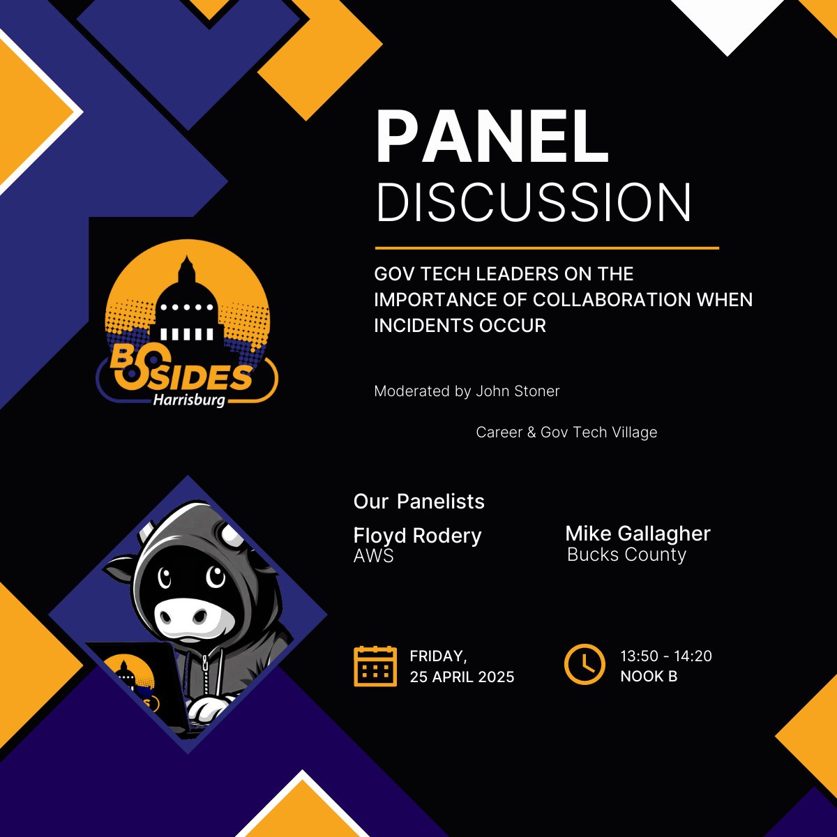 This year we are hosting panel discussions! Be sure to check out "Gov tech leaders on the importance of collaboration when incidents occur"

Get tickets at eventzilla.net/e/bsides-harri…

#BSidesHBG #infosec #cybersecurity #BSides