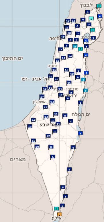 הטמפרטורות היום צנחו בצורה דרמטית לעומת אתמול, ובאזורים רבים הטמפרטורה ירדה בין 10 ל-15 מעלות. ההקלה תמשך גם בסוף השבוע ומזג האוויר יחזור להיות רגיל, ובשעות הבוקר מחר ומחרתיים גם יתכנו טפטופים בצפון ובמרכז. במפה ניתן לראות את ההפרש בין הטמפרטורות היום בצהרים לאותה שעה אתמול