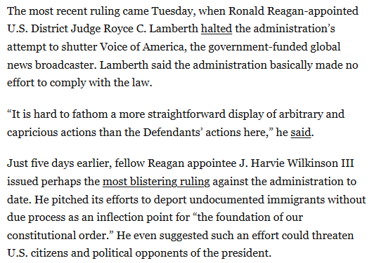 AaronBlake's tweet photo. In just the last 17 days, here's what GOP-appointed judges have said about Trump's actions:

“A path of perfect lawlessness."

"It is hard to fathom a more straightforward display of arbitrary and capricious actions."

A “brazen” example of “retaliation.” https://t.co/HNfI5ooHl1