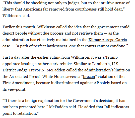 AaronBlake's tweet photo. In just the last 17 days, here's what GOP-appointed judges have said about Trump's actions:

“A path of perfect lawlessness."

"It is hard to fathom a more straightforward display of arbitrary and capricious actions."

A “brazen” example of “retaliation.” https://t.co/HNfI5ooHl1