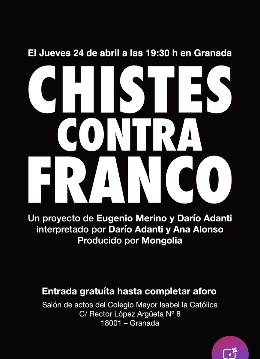 MA Del Arco Blanco (@madelarcoblanco) on Twitter photo Está tarde acción artística: "Chistes Contra Franco" en #Granada. Gracias a <a href="/merinoeugenio/">Eugenio Merino</a> y a <a href="/darioadanti/">Darío Adanti</a> - No os lo perdáis. 19.30 horas. Colegio Mayor Isabel la Católica. Entrada libre hasta completar el aforo <a href="/50enLibertad/">España en Libertad</a> Está tarde acción artística: "Chistes Contra Franco" en #Granada. Gracias a <a href="/merinoeugenio/">Eugenio Merino</a> y a <a href="/darioadanti/">Darío Adanti</a> - No os lo perdáis. 19.30 horas. Colegio Mayor Isabel la Católica. Entrada libre hasta completar el aforo <a href="/50enLibertad/">España en Libertad</a>