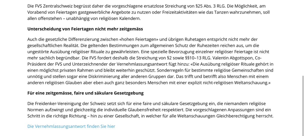 Die FVS fordert die Abschaffung der Tanzverbote im Kanton Luzern.
Hier unsere Medienmitteilung zur anstehenden Gesetzesänderung.

Wer die ausführliche Antwort lesen möchte, kann das gerne hier tun:

frei-denken.ch/sites/fvs/file…