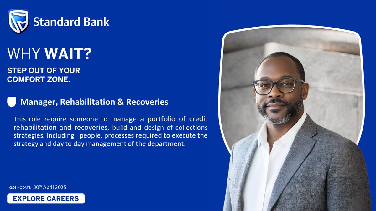 StandardBankSZ's tweet image. Join our team to build and design credit collection strategies! 
Apply now: smrtr.io/qWp7_
Closing Date: 30 April 2025
#WhyWait #BlueLove