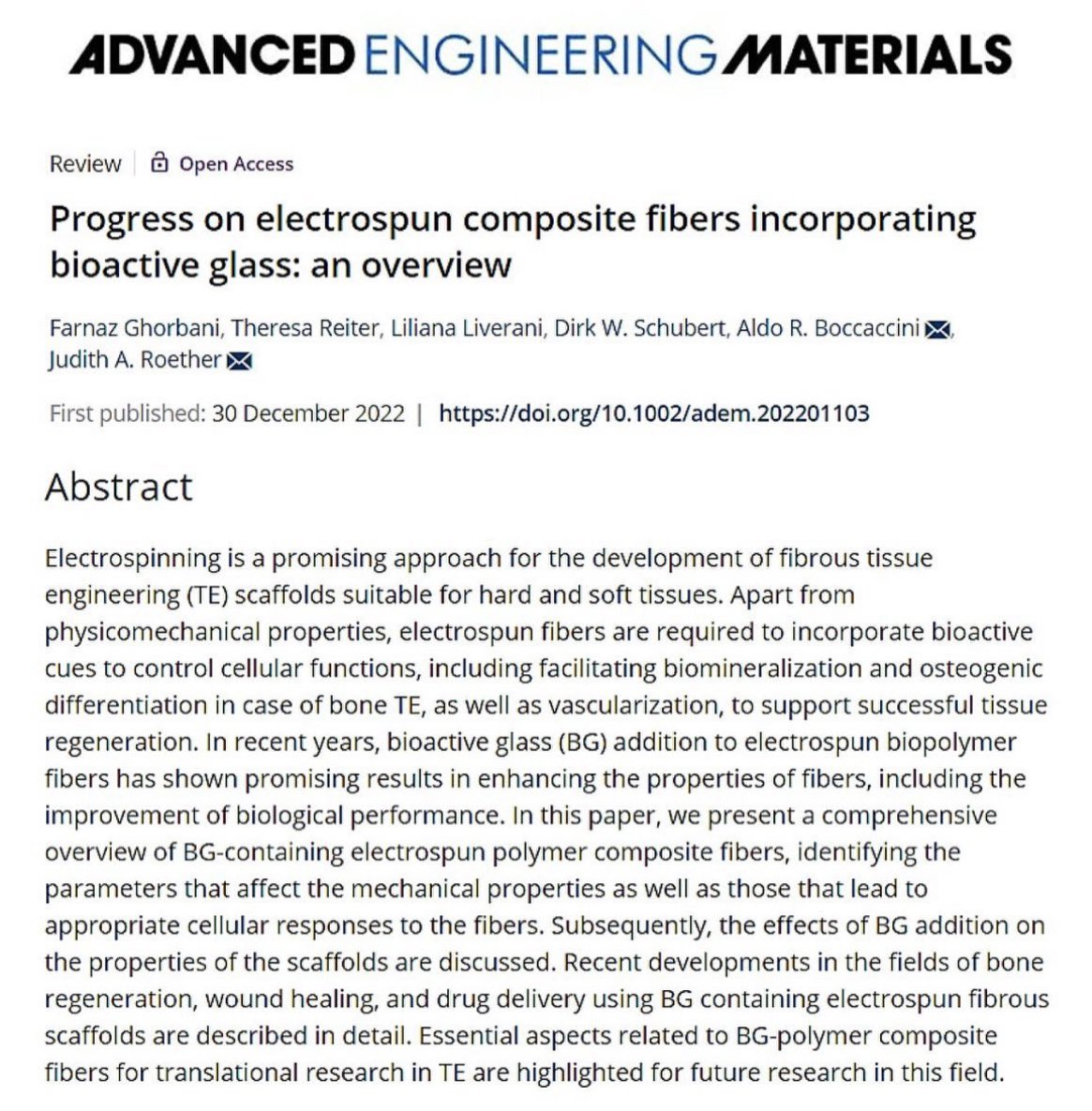 Farnaz Ghorbani (@farnaz23591) on Twitter photo Our review on #Electrospun Composite Fibers Incorporating #Bioactive_Glass published in Advanced Engineering Materials has been recognised as a Top Viewed Article of the year by <a href="/WileyGlobal/">Wiley</a> !
Still havenāt read it? Donāt worry ā itās never too late!
advanced.onlinelibrary.wiley.com/doi/full/10.10⦠Our review on #Electrospun Composite Fibers Incorporating #Bioactive_Glass published in Advanced Engineering Materials has been recognised as a Top Viewed Article of the year by <a href="/WileyGlobal/">Wiley</a> !
Still havenāt read it? Donāt worry ā itās never too late!
advanced.onlinelibrary.wiley.com/doi/full/10.10ā¦