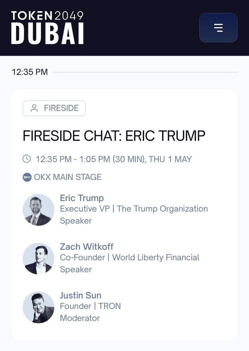 🚨 Big news at #TOKEN2049 Dubai!

Guess who will be sharing the stage with Eric Trump (Executive VP of the Trump Organization) and Zach Witkoff (Co-Founder of World Liberty Financial, son of Steve Witkoff)? 👀

🔥 It’s none other than <a href="/justinsuntron/">H.E. Justin Sun 🍌</a>, the founder of TRON, who will
