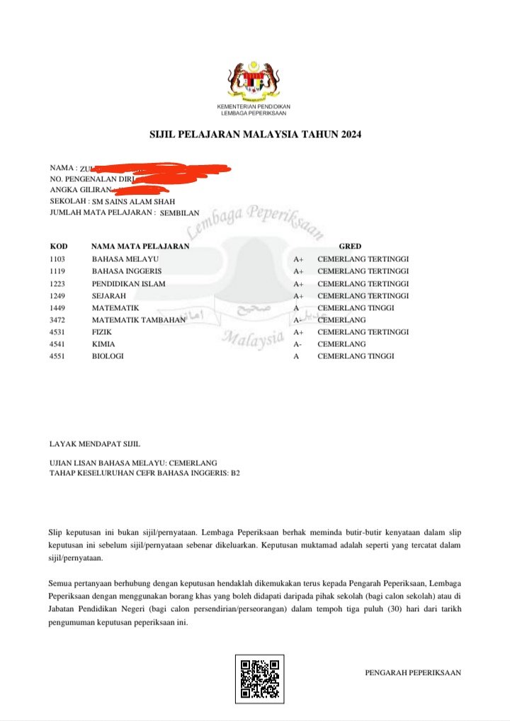 zulfredd's tweet photo. Alhamdulillah straight A walaupun tak cantik mana. Padahal aku gila benci gila GILA 4 subjek elektif tu. Addmath aku tinggal banyak soalan kotππ
#spm2024 #batch07 https://t.co/CKV9hrnRvI