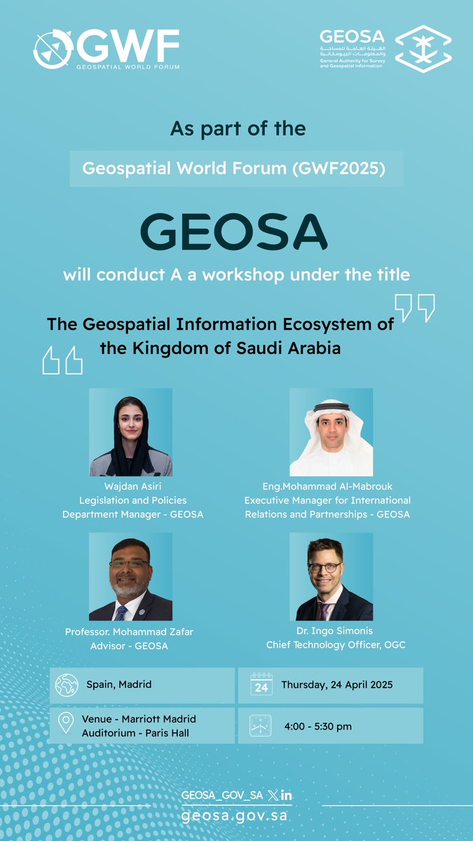 GEOSA_GOV_SA's tweet photo. #الجيومكانية تنظم ورشة عمل "منظومة المملكة العربية السعودية للبيئة الحاضنة للمعلومات الجيومكانية" ضمن أعمال #المنتدى_الجيومكاني_العالمي #GWF2025.
As a part of #GWF2025, #GEOSA will organize a workshop about KSA Geospatial Information Ecosystem https://t.co/Xy0upXFlbc