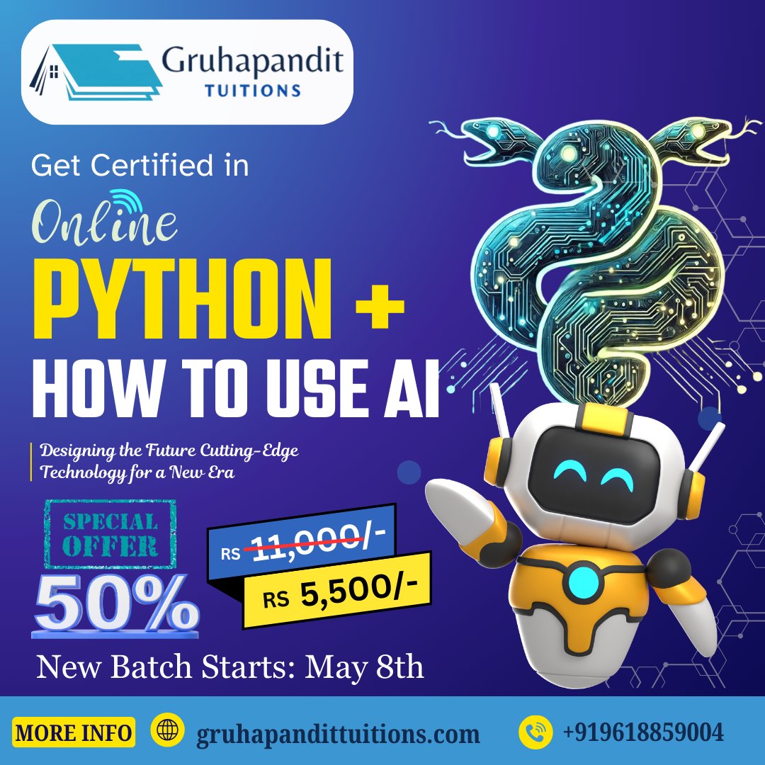 gruhapandi47996's tweet photo. 📢 Level Up Your Tech Skills! 💻🤖
Get certified in Python &amp; AI with Gruhapandit Tuitions! 🚀

🎯 Learn to code in Python
🧠 Master the basics of Artificial Intelligence
🎓 100% Online | Certificate Included
💸 just ₹5,500!
📅 starts May 8th
📞 +91 96188 59004 https://t.co/gwzTdpc9gN