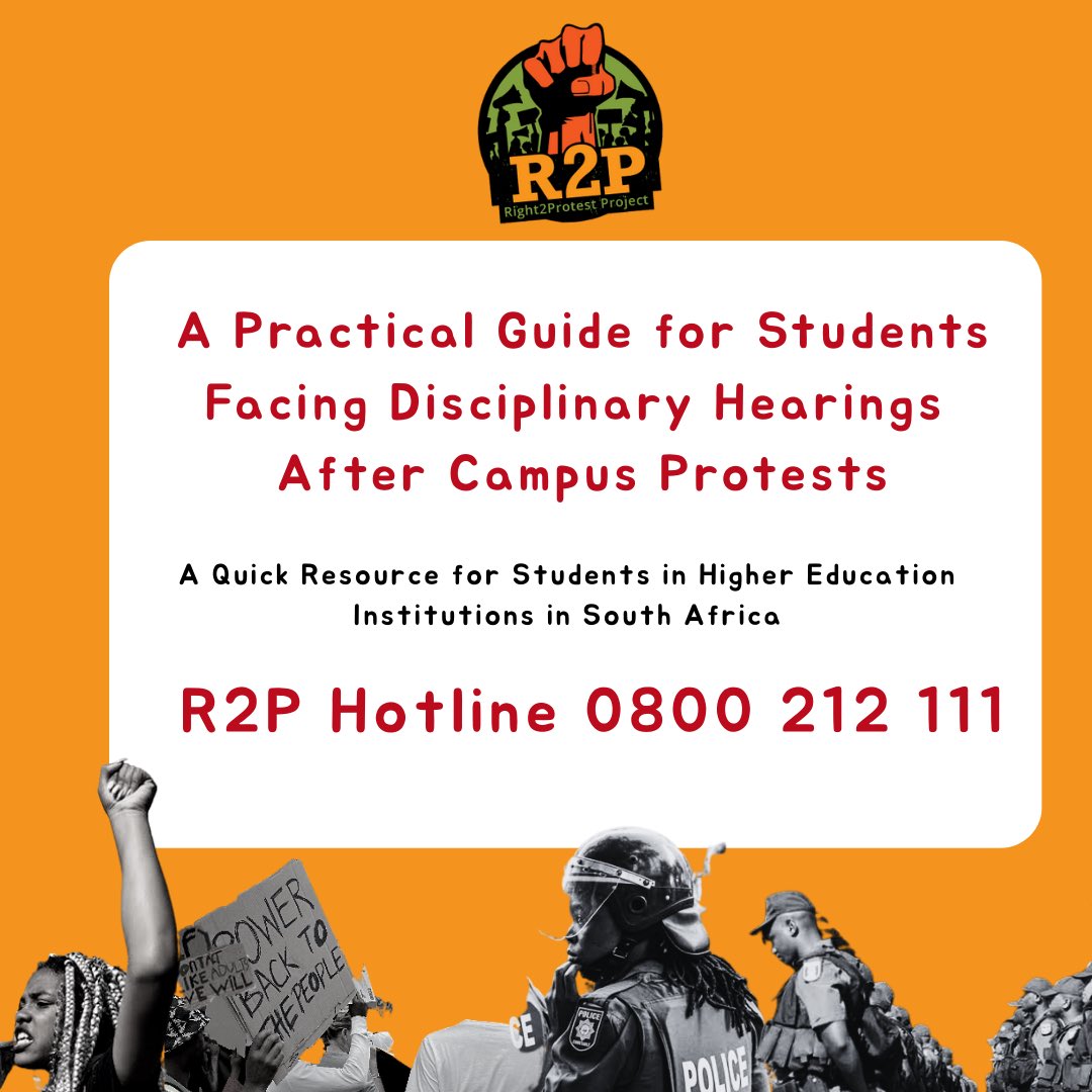 ProtestZa's tweet image. 📘 New Guide for Students in Higher Learning Institutions!!

Have you received a disciplinary letter for participating in a protest on campus?
 
Here’s a short, practical guide on how to respond, protect your rights, and where to get support.
#StudentSupport #Right2Protest