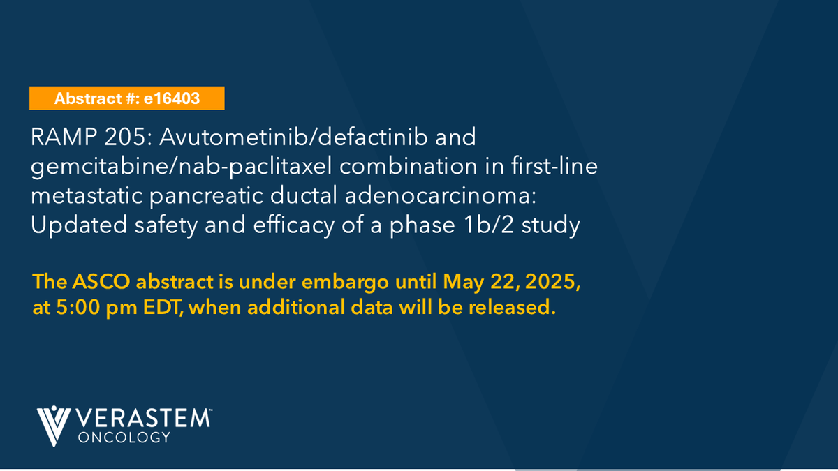 At #ASCO25, we will be sharing updated data from RAMP 205, our first-line metastatic #pancreaticcancer study. The abstract is under embargo until May 22 and we will be reporting additional data at that time.​ $VSTM