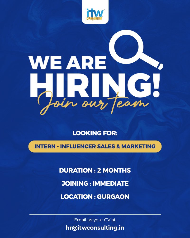 🚀 Immediate Opening: Influencer Sales &amp; Marketing Intern – ITW Universe

We are on the lookout for an enthusiastic intern who is either currently pursuing a post graduate degree in management or passionate about building a career in influencer sales and marketing. This