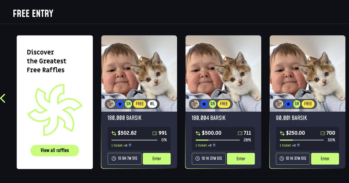 First WL only Raffle in #Rafldex, hosted by <a href="/BarsikOnSolana/">BARSIK (Hasbulla’s Cat)</a> 

30,000 holders of $BARSIK were whitelisted!

Enter 3 free entry raffles they are hosting!

rafldex.io
