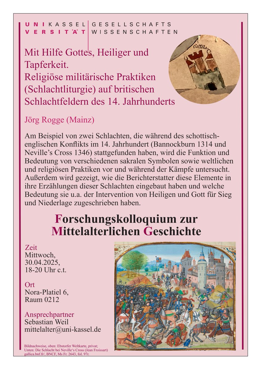 Das erste Forschungskolloquium zur Mittelalterlichen Geschichte im neuen Semester! 

Am Mittwoch den 30.04.2025, 18-20Uhr, 
Nora-Platiel 6, Raum 0212.

#Mittelalter #Geschichte #Forschung #Gesellschaftswissenschaften